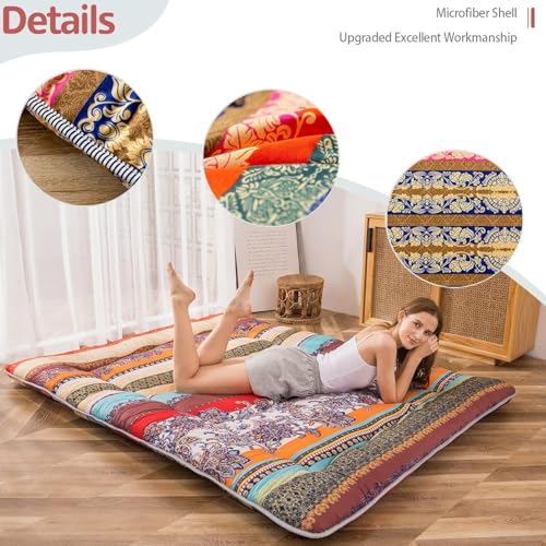 Image of MAXYOYO Bohemian Retro Floor Mattress Vintage Floral Japanese Futon Mattress Roll Up Thicken Sleeping Mat Portable Camping Mattress Floor Lounger Couch Mattress Pad, Full Size