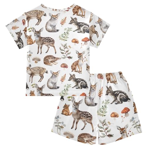 ALAZA Watercolor Deer Mushroom Mouse Pajamas Set Short Sleeve Cotton Sleepwear Summer Pjs 2 Piece 5-14Y2