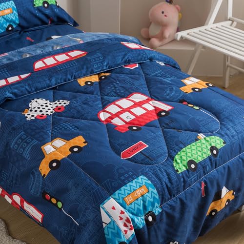 Image of Caressma Navy Toddler Bedding Set, 4 Pieces Boys Comforter with Car Print | Microfiber Kids Comforter with Cars,Buses & Traffic Lights Pattern, Includes Comforter, Fitted Sheet, Flat Sheet & Pillowcase