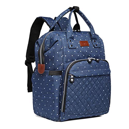 Kono Baby Changing Backpack Bag Multi-Function Large Capacity Travel Diaper Rucksack Nappy Back Pack with 2 Stroller Straps 16.8L (New Dots Navy), E6705D2 NY