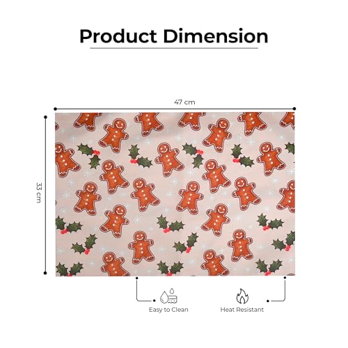 Image of Dining Table Mats Set of 6 with 135 cm Runner - Gingerbread Man Theme,Digital Print, Washable, Indoor /Outdoor, Heat-Proof, Wipe & Clean (47X33 cm) Cream & Brown