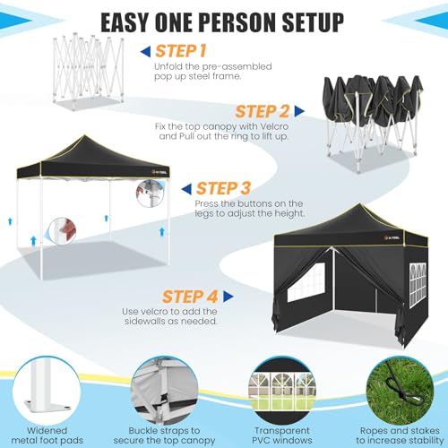 Image of HOTEEL 10x10 Pop Up Canopy, Upgraded Thickened Hexagonal Legs, Black | Upgraded pipes (1.77'', 0.7mm), 3-height adj, 420D waterproof & silver-coated fabric, ideal for events /beaches /markets