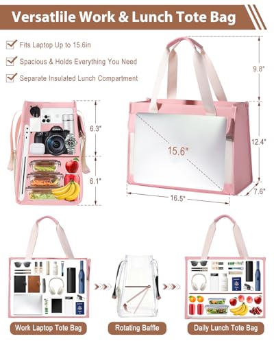 Bnlcd Lunch Tote Bag for Women - 15.6 Inch Laptop Work Bag with Insulated Lunch Compartment - Large Capacity Quilted Computer Handbag - Leakproof Lunch Box for Women dults, Pink-white - image 4