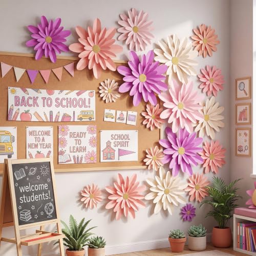 18 Pcs Paper Flower Bulletin Board Decor, Pink Red Series, 6" 8" 10"