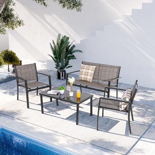 Shintenchi 4 Pieces Patio Furniture Set All Weather Textile Fabric Outdoor Conversation Set, with Glass Coffee Table, Loveseat, 2 Single Chairs for Home, Garden, Lawn, Porch（Tan）