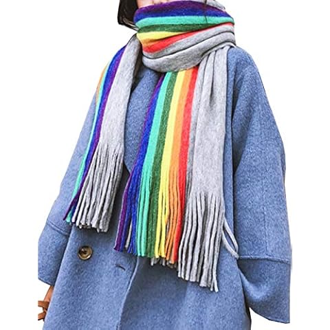 Women Winter Blanket Cashmere Rainbow Scarf Tassels Casual Warm Scarves Grey One One Size Cover
