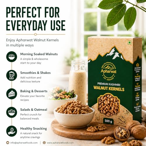 Image of Apharwat Kashmiri Walnut Kernels Without Shell | Light Halves Grade | 500g | Single Origin Kashmir | Vacuum Sealed + Oxygen Absorber | Akhrot Giri | Source of Natural Plant Oils | Fresh Crop