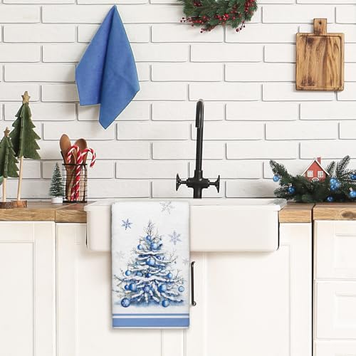 Image of Winter Ball Trees Blue Kitchen Towel Snowflakes Cold Outside Dish Towels Set of 2, Christmas Xmas Seasonal 18 x 26 Inch Hand Towel Quick Drying Dishcloth Decor for Kitchen Bathroom Home