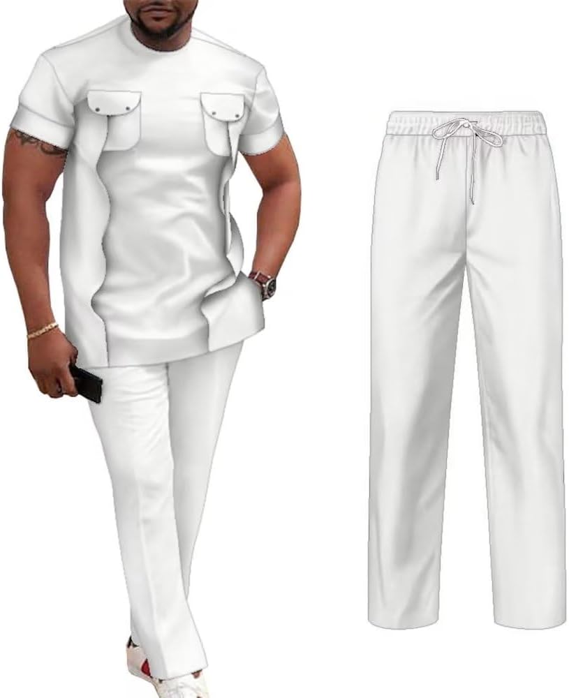 African Mens Suits Dashiki Clothing Short Sleeve Formal Attire 2 Piece African Outfit for Men Nigerian Clothes