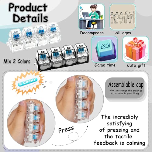 Image of 2 PCS Keyboard Fidget Toy, Keyboard Fidget Keychain 4-in-1 Keyboard Decompression Button Finger Clicker Toys, Button Stress Relief Fidget Gifts to Relief Stress (Clear Black)