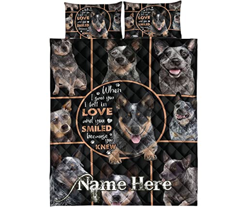 Custom Blue Heeler Dog Frame Patchwork Floral Pattern Personalized Name Quilt Blanket & Pillowcases, Quilts Bedding Set & Pillow Cover, King Queen Double Twin Throw Full Size Bedspread Bed Sets #TOP4