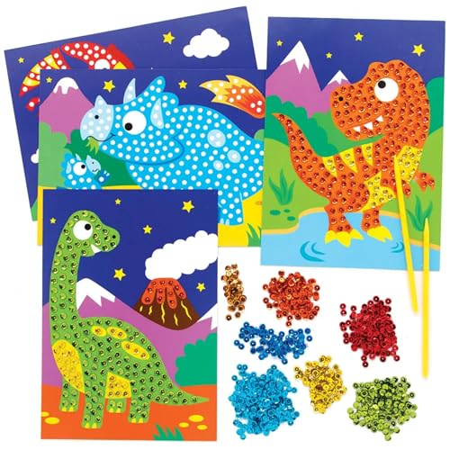 Baker Ross FE115 Dinosaurier-Pailletten-Kunstsets, 4 Stück; Basteln Sie Ihre eigenen Kinder-Kunstsets, kreative Aktivitäten für Kinder; Dekorieren Sie Ihr eigenes Kunst- und Bastelprojekt