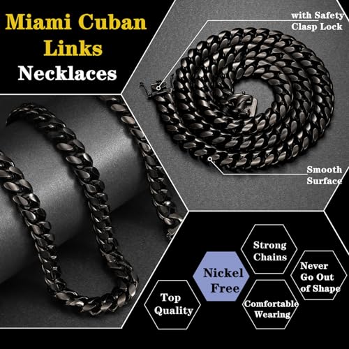 ROWIN&CO Miami Cuban Link Chain for Men 15mm Black Stainless Steel Curb Necklace, Hip Hop Jewelry, Durable & Anti-Tarnish Mens Chain 18" 20" 22" 30" Inch, Pops Gifts For Fathers Boyfriends, Sons2