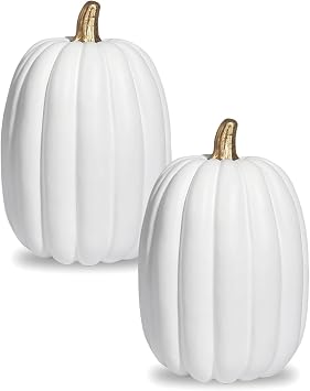 vensovo 8.5 Inch Large White Pumpkins for Decorating - 2PCS Big Foam Decorative Pumpkin for Fall Decoration, Paintable Artificial Pumpkins Perfect for Halloween Thanksgiving Decor Gold Handle