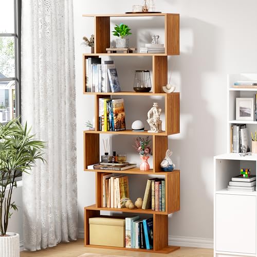 Image of Lukzer 6-Layer S-Shape Ladder Bookshelf | Engineered Wood Open Display Rack | MR-002 /Oak Brown | Modern Bookcase for Living Room, Office & Study Room /Library | Home Storage Organizer (178x70x24 cm)DIY