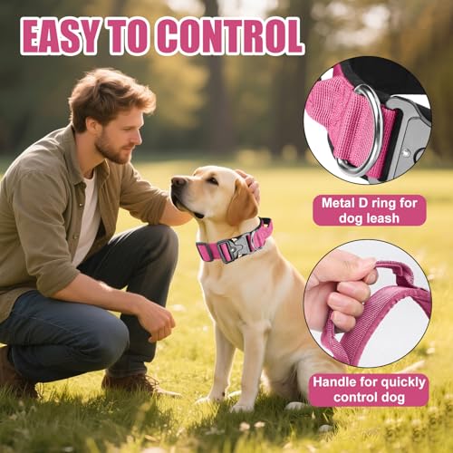 AKOFIC Taktisches Hundehalsband mit Griff, Breites Halsband Hund Gepolstert aus Nylon, Verstellbar Robuster Dog Collar mit Metallschnalle für Mittlere Große Hunde (Rosarot, M)