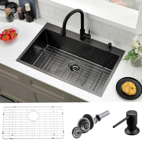 30 Inch Drop In Kitchen Sink Black- Wesliv 30x18 Drop In Top Mount Kitchen Sink Black Stainless Steel Deep Single Bowl Overmount Sinks with Bottom Rinse Grid&Soap Dispenser