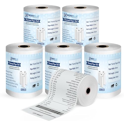 Image of MOREBLUE 79mm 25mtr Credit Card, Food Bills Direct Thermal Receipt Paper Roll, Pack of 5, Ink Free Print for POS, Credit Card Machines, & Petrol Pumps Bill use