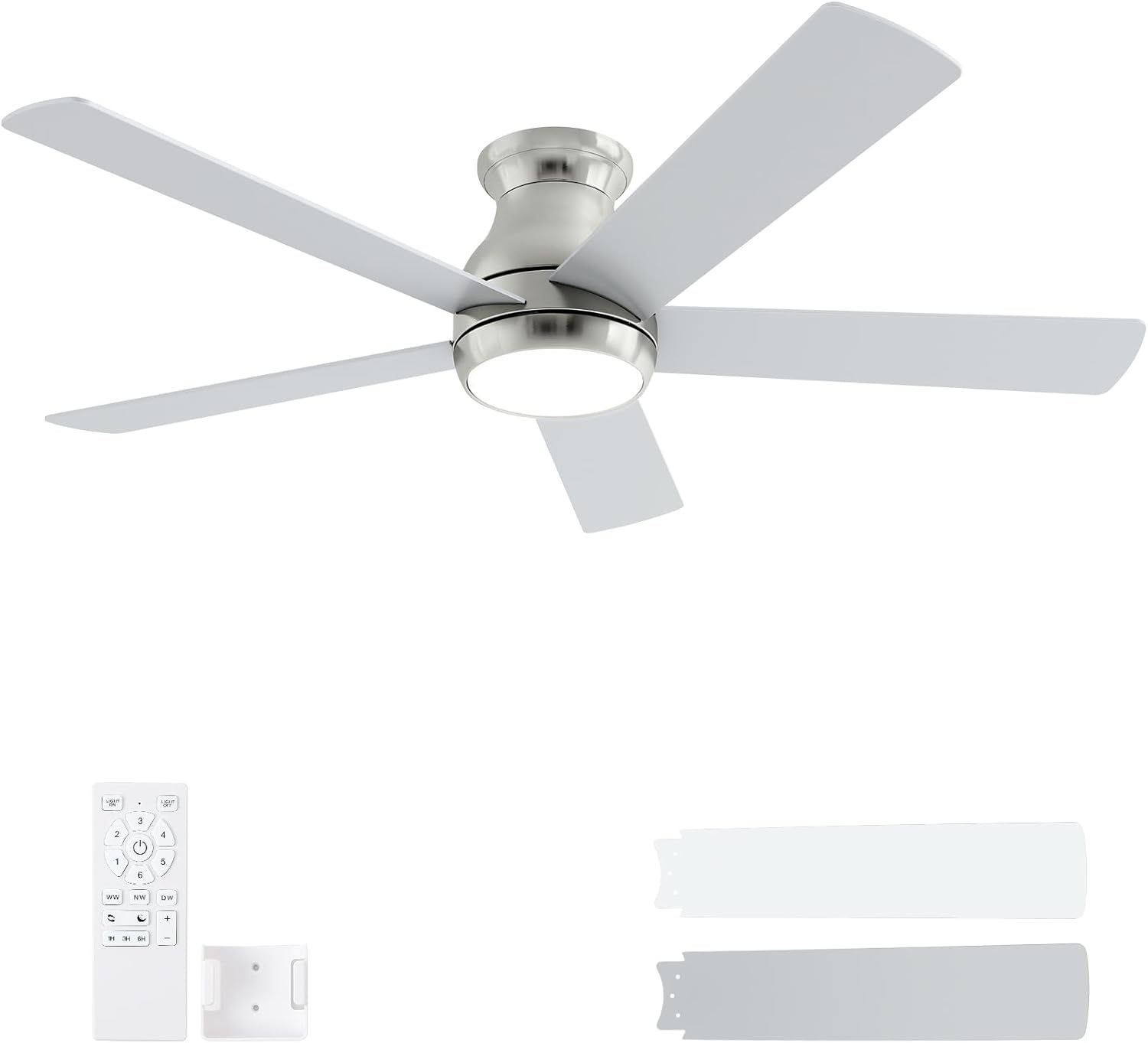 52 Inch Brushed Nickel Ceiling Fans with Lights and Remote,LED Low Profile Flush Mount Ceiling Fan for Bedroom, Living Room,Patio,Quiet DC Motor,5 Blades Brushed Nickel 52 Inch
