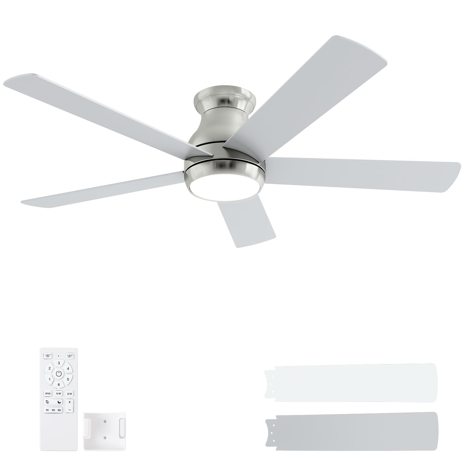 POCHFAN 52 inch brushed nickel flush mount ceiling fan with light and remote