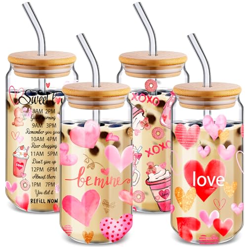 Sliner 4 Pcs 18 oz Valentine's Day Glass Cups Iced Coffee Mason Jar Heart Can Valentine Mug with Lid and Straw Valentine's Day Tumbler Drinkware Water Bottles Home Decorations(Heart, 4 Pcs)