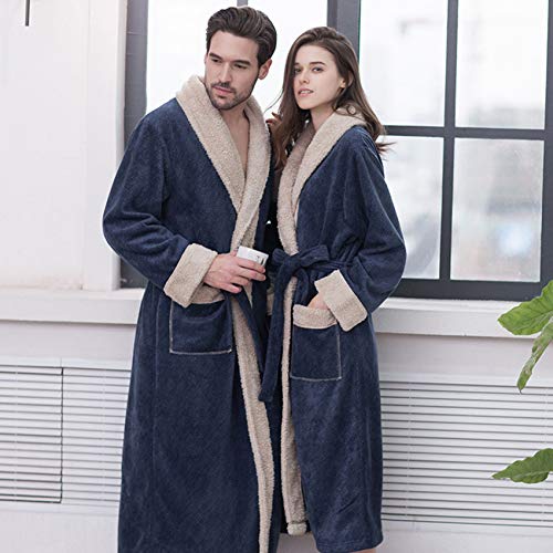 Luxury Unisex Bathrobe, Soft Shawl Collar Long Robes, Lightweight Double Sided Fleece Shower Robe for Women Men, Comfy Warm Robes,Men Blue,M
