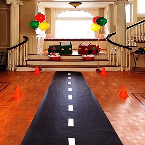 NOVELTY PLACE Racetrack Floor/Ground/Table Runner - 10 Ft x 2 Ft Black Race Track Running Mat - Sports Race Car Theme Party Entry Table Decorations