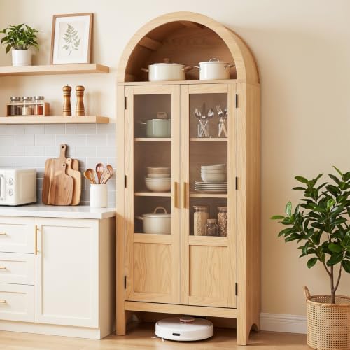 Image of Arched Storage Cabinet with 2 Doors and 5-Tier Shelves for Living Room, 71 inch Tall Wooden Pantry Cabinet for Dining Room and Kitchen, Floor Bathroom Organizer, Natural Wood Color