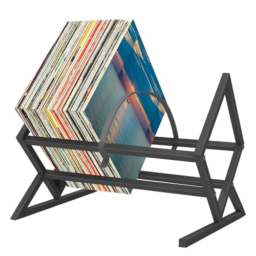 GHWMYD Vinyl Record Holder Shelf for 80-100 LPs Storage, Multiuse Record Rack Stand for Vinyl Display and Desk Organization, Retro Sleek Matte Black Crate for Magazine, Book, Files, Albums