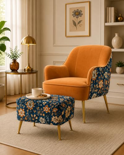 Image of Accent Chair with Ottoman | Modern Velvet Lounge Chair with Floral Designer Back | Upholstered Armchair for Living Room, Bedroom & Cafe | Golden Legs (Light Brown Floral)