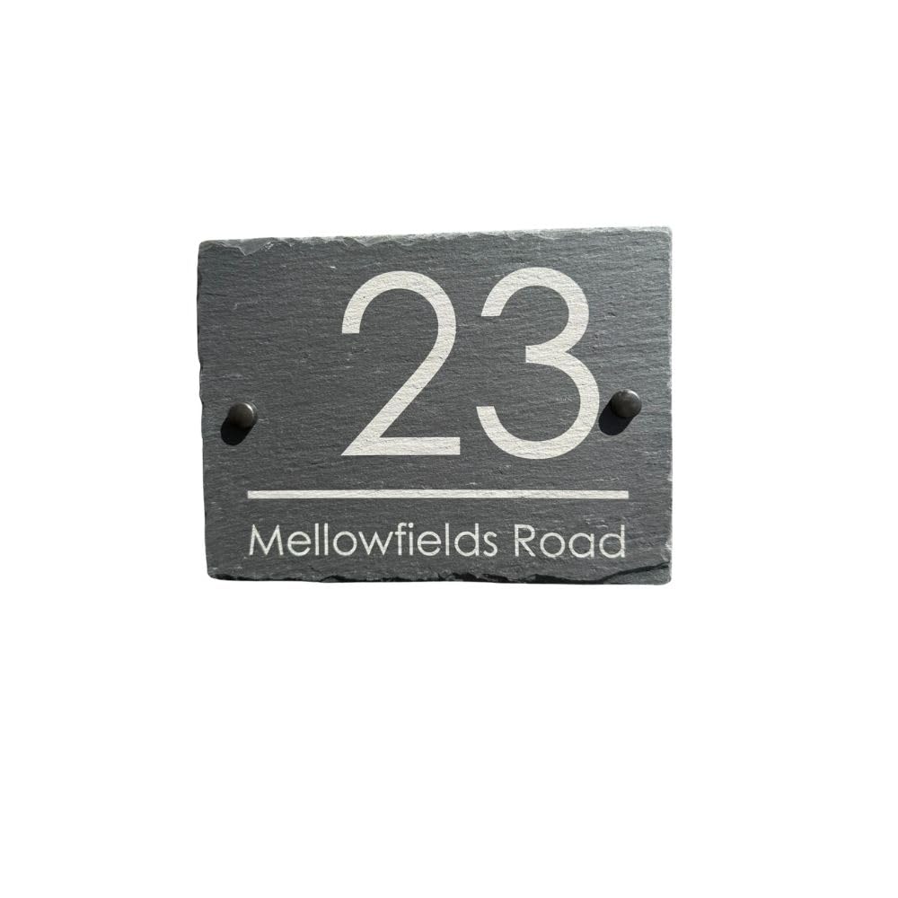 Personalised Rustic Slate House Sign 20 x 15cm Rectangle, House Number & Street Name, Laser Engraved Natural Slate Address Plaque, Riven Edges, Outdoor Front Door Wall Sign (Design 1)