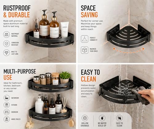 Image of Self Adhesive Bathroom Shelf Organizer | No Drill Wall Mounted Shower Caddy | Waterproof ABS Plastic Storage Rack | Holds up to 10 Kg | Shampoo Soap Toiletries Holder | Pack of 2