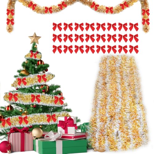 Guirnalda Navidad Exterior 10m + 24pcs Lazos Navidad Rojos, Decoracion Hogar, Espumillon Arbol, Christmas Garland, Grinalda Natal, Espumillón Verde Grueso
