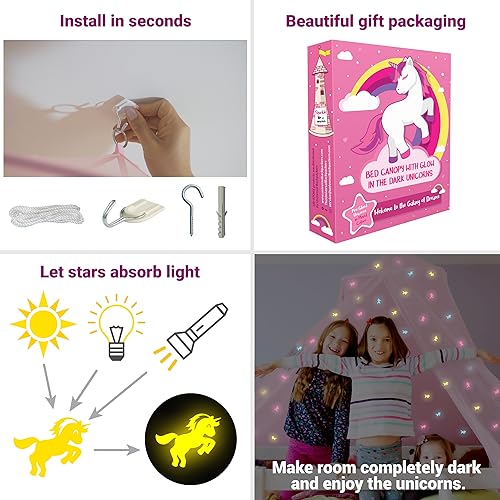 Image of Pink Canopy for Girls Bed with Pre-Glued Glow in the Dark Unicorns - Princess Mosquito Net Room Decor - Kids & Baby Bedroom Tent with Galaxy Lights - 1 Opening Canopy Bed & Hanging Kit Included