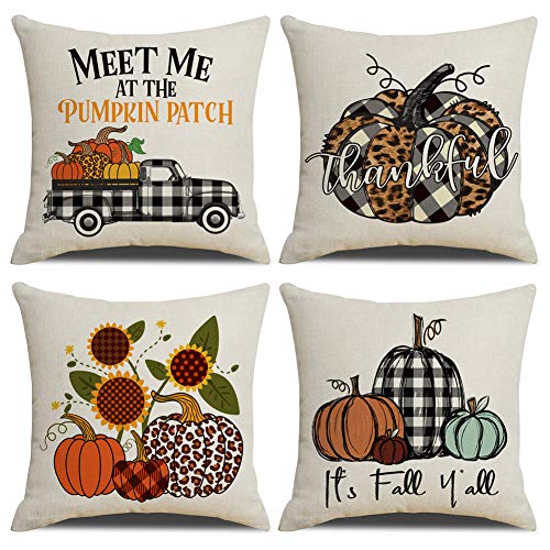 KACOPOLFall Buffalo Plaids Pumpkin Pillow Covers Pumpkin Patch Truck Autumn Farmhouse Decor Cotton Linen Throw Pillow Case Cushion Cover 18" x 18" Set of 4 Fall Decorations (Colorful Pumpkin)
