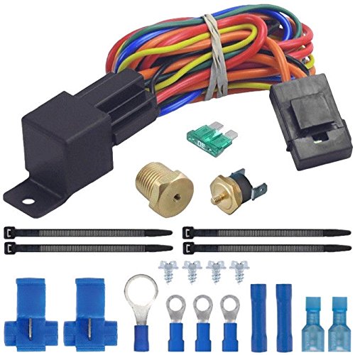Electric Radiator Fan Thermostat Wiring Relay Switch Temperature Sensor Kit (1/8" NPT, 190'F On - 175'F Off)