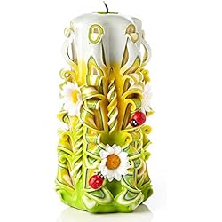 Vela grande sin aroma tallada a mano – Perfecta para decoración casera o como vela de regalo para varias ocasiones - Impresionante color verde crema con decoraciones