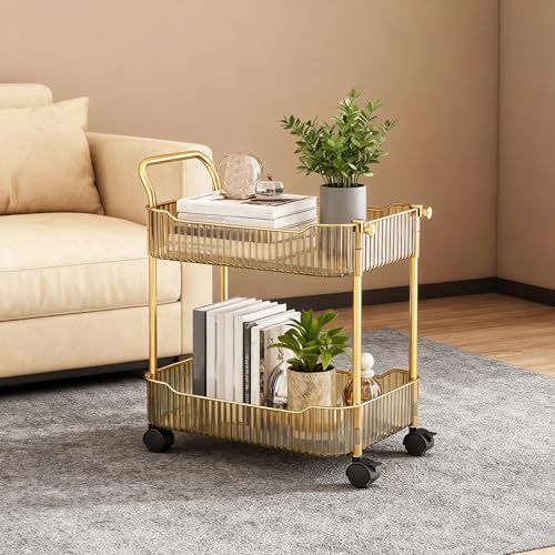 Wiodeiv Storage Trolley on Wheels Acrylic Beauty Trolleys Makeup Organizers Rolling Utility Cart For Bathroom Salon Kitchen Gold 2 Tier