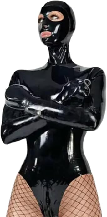 Black Latex Rubber Leotard Catsuit Hood Boxing Gloves with Back Crotch Zipper