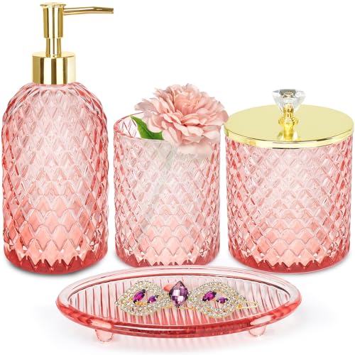 Haturi Pink Bathroom Accessories Set 4 Pcs Glass Bathroom Accessory Set Complete w/Soap Dispenser Toothbrush Holder Qtip Holder Vanity Tray Gold Bathroom Set Decor Gift for Girl Home Apartment