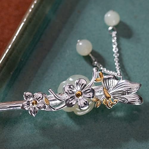 Miniatura 5 de Hotan Jade S925 Horquilla plateada mariposa con perla y flor de ciruelo chino estilo Hanfu palillos para el cabello retro hechos a mano, accesorios
