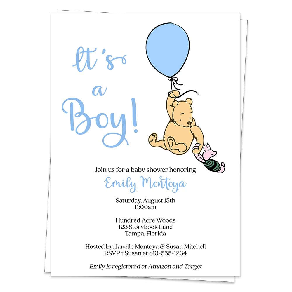 Winnie the Pooh Baby Shower Invitation Pooh Bear Vintage Nostalgic Blue Boy Balloon Custom Printed Personalized Customized (12 count)