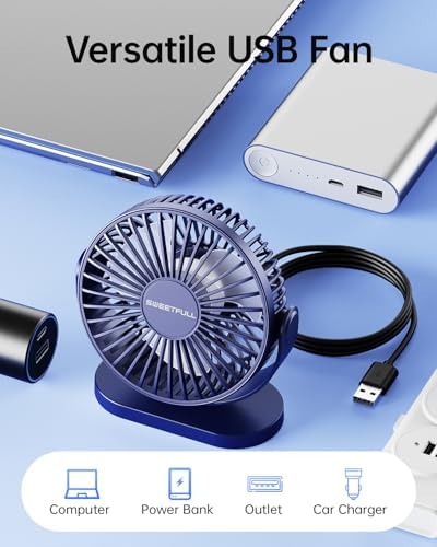 SWEETFULL USB Desk Fan Small Quiet - 3 Speeds Mini Personal Portable Fan 360&deg; Rotation Adjustable, 5.5 Inch Office Table Cooling Gadgets on Desktop (Blue)