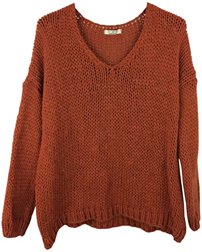 K-Milano Jersey de punto grueso para mujer, cuello en V, mezcla de lana y alpaca, fabricado en Italia, Tabasco, Talla única Cover