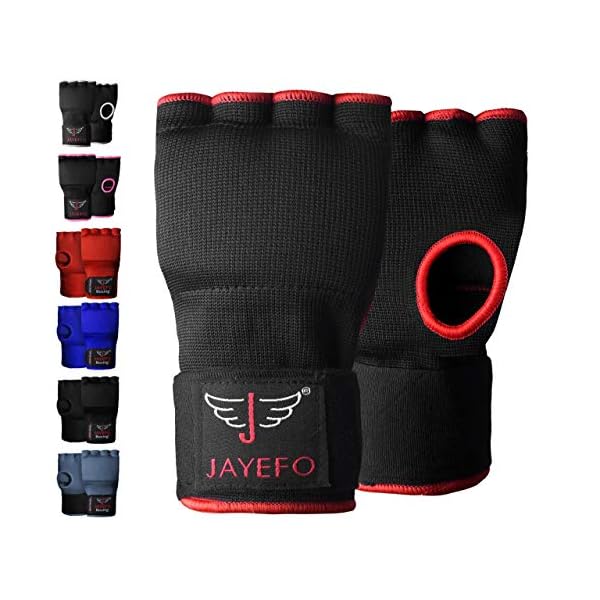 Jayefo Padded Inner Gloves for Boxing - Elastic Hand Wraps with Training Gel - Quick Boxing Wraps and Bandages for Men & Women - Wrist Wrap Protector Handwraps Kuckle Pair - L/XL - Black/Red