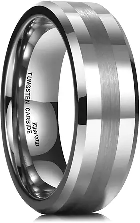 King Will Classic 8mm Tungsten Carbide Ring Black/Silver/Gold Brushed Two Grooved Center Hammered Design Mens Wedding Band for Men