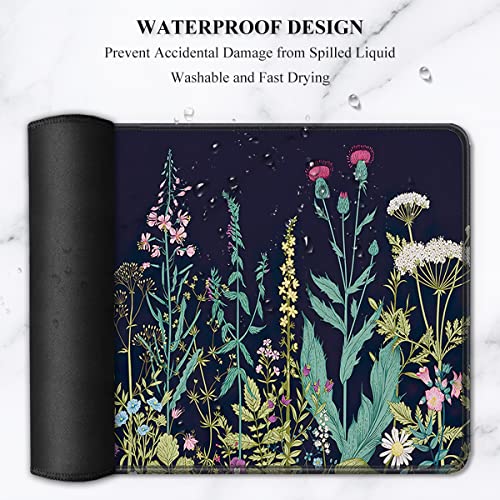 Image of Auhoahsil Desk Pad, XL Extended Large Gaming Mouse Pad 31.5 x 11.8 Inch, Waterproof Mousepad with Stitched Edges, Non-Slip Computer Keyboard Laptop Mat for Women Men Office Work, Silent Night Flowers