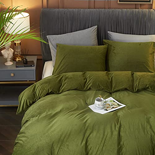 Ivellow Velvet Flannel Duvet Cover King Size Olive Green Comforter Cover Ultra Soft Breathable Cozy Velour Duvet Cover Solid Luxury Bedding Set Zipper Closure Corner Ties thumb #2
