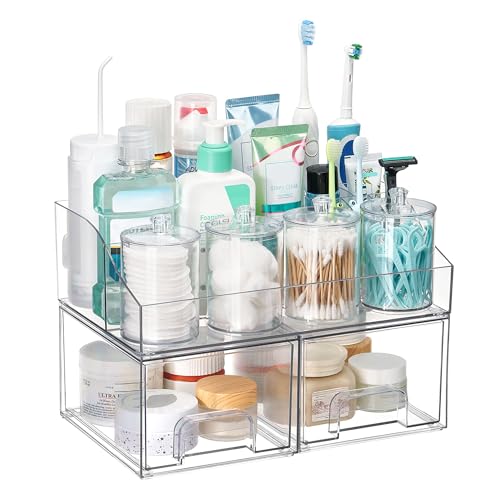 Image of Vtopmart 7 PCS Bathroom Countertop Organizer, 1 Divided Tray with 4 Qtip Holder Jars and 2 Drawers, Restroom Clear Organizers for Toothbrush, Cotton Pads, Vanity Accessories Storage Set