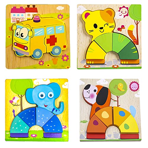 Image of WISHKEY Set of Jigsaw Wooden Animal Vehicle Puzzle Early Age Matching Game Learning Educational Preschool Toy Random Design Puzzles for Toddlers & Kids (Pack of 4, Multicolor)